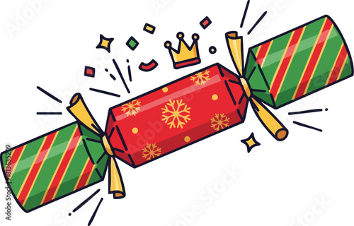 A festive Christmas cracker being pulled apart with confetti and a paper crown popping out.