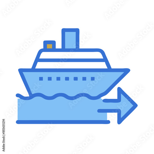 Blue icon of cruise ship leaving with arrow