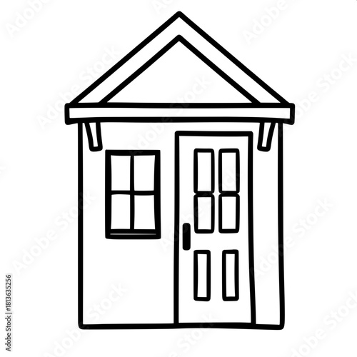 A bold, simplified graphic of a house façade, featuring a square window in the door with a black frame and a four-pane window on the side, each pane divided by thin black lines, with strong black outl