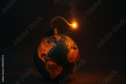 Globe designed as bomb, featuring lit fuse and glowing continents, global tension and urgency. dark background dramatic effect of explosive