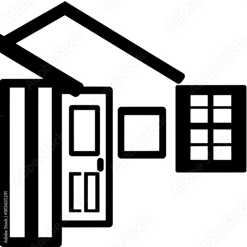 A bold, simplified graphic of a house façade, featuring a square window in the door with a black frame and a four-pane window on the side, each pane divided by thin black lines, with strong black outl