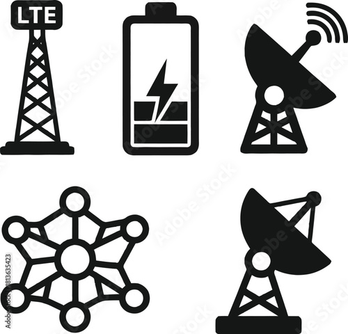 Set of black communication and technology icons LTE tower