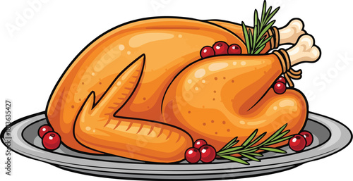 Roasted turkey on a platter with cranberries and rosemary garnish.