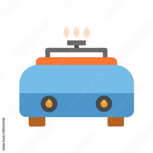 Blue cartoon gas burner appliance against black background image