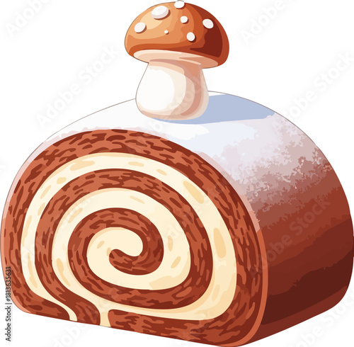 A delicious chocolate Swiss roll cake with creamy white filling, topped with a cute mushroom decoration and dusted with powdered sugar.
