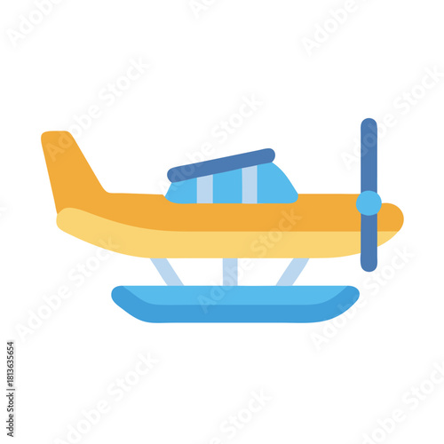 Illustration of a yellow and blue seaplane on black backdrop