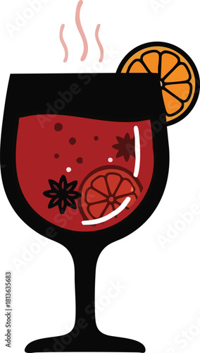 Illustration of mulled wine in a glass with orange slice.