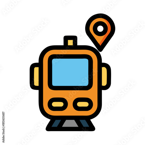 Orange train with a location pin on a black background