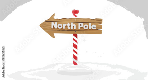 A charming wooden signpost pointing to the North Pole, set in a snowy winter landscape for Christmas.