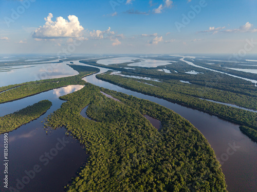 Beautiful aerial view to green amazon rainforest islands