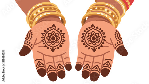 Hands Adorned with Traditional Henna Mehndi and Golden Bangles