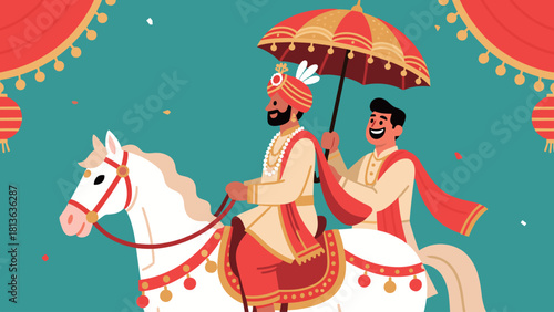 Festive Indian Wedding Baraat Procession with Groom on Horseback