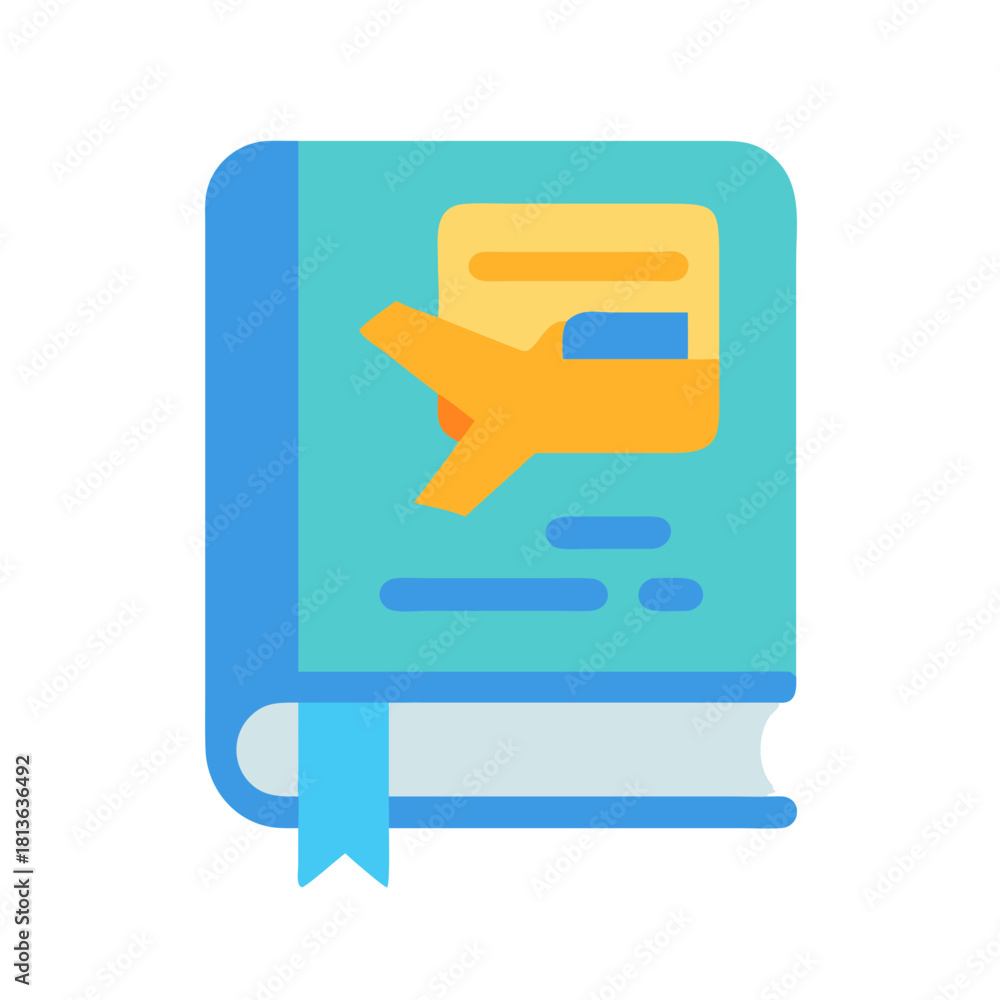 Fototapeta premium Educational book icon displaying flying airplane and abstract text