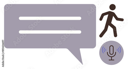 Large speech bubble with text lines, human figure walking, microphone icon with sound waves. Ideal for communication, voice recognition, mobility, modern technology, speech synthesis, transcription
