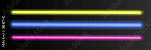 Pink neon tube lamp set. Glowing led light line beam collection. Bright luminous fluorescent bar stick lines.