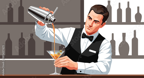 Elegant bartender professionally crafting a classic martini with olives in a sophisticated lounge atmosphere, perfect for upscale bar promotions