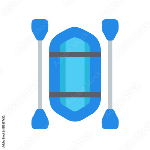 Blue inflatable raft with paddles icon on black background