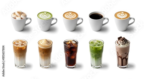 Assortment of hot and cold coffee and tea drinks with toppings latte matcha