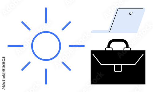 Sun radiance, open laptop, and briefcase combine nature and business. Ideal for work, productivity, balance, hybrid model, career growth remote work and minimalism concepts. A simple flat metaphor