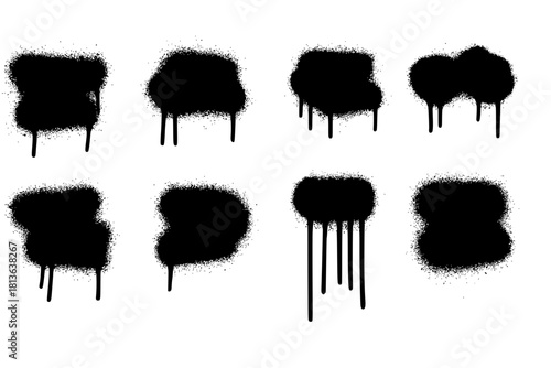 Template Stencil graffiti spray, isolated on white background. Vector spray paint shapes with smudges and drops. Graffiti template with black splashes with flowing lines of paint. Vector spray set