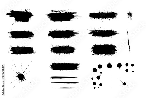 Ink splashes stencil. High quality manually traced. Black inked splatter dirt stain splatter spray splash with drops blots isolated. Vector grunge silhouette set color dirty liquid