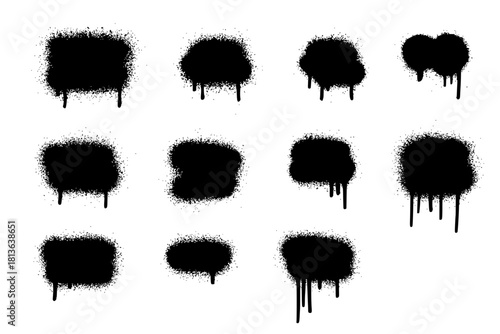 Template Stencil graffiti spray, isolated on white background. Vector spray paint shapes with smudges and drops. Graffiti template with black splashes with flowing lines of paint. Vector spray set