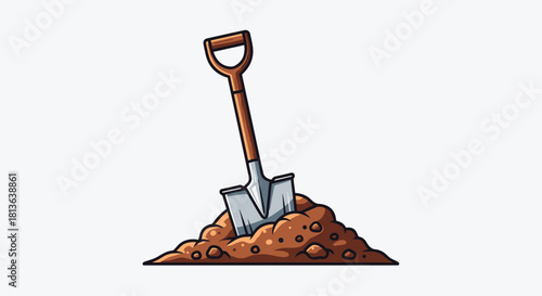 Cartoon shovel stuck in dirt pile, perfect for gardening projects, landscaping services, or outdoor adventures, adding a whimsical touch