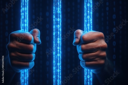 Digital prison bars symbolize confinement in virtual world, with hands gripping bars, representing struggle and resistance against digital constraints