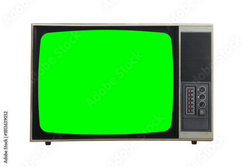 Black vintage green screen TV for adding new images to the screen. Isolated on white background.