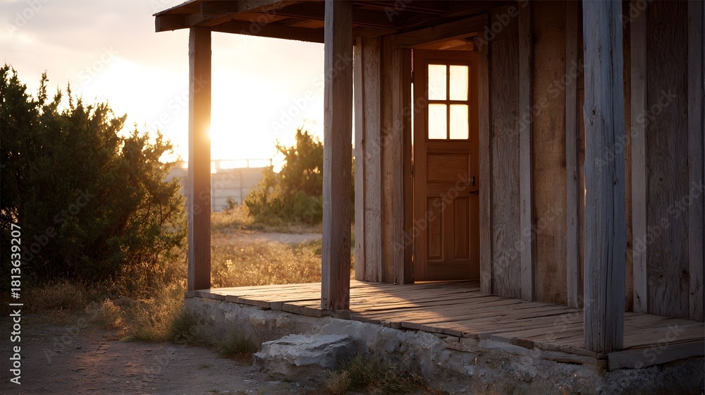 Fototapeta premium A rustic wooden shack features an inviting open doorway and weathered porch illuminated by the warm golden light of a setting or rising sun