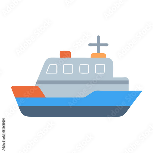 Flat design stylized boat illustration floating on black background