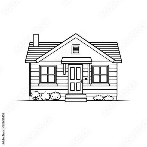 A meticulous vector rendering of a quaint small home with a traditional gable roof, a slender chimney, and a short set of front steps, all designed with bold thick outlines and a complete absence of t