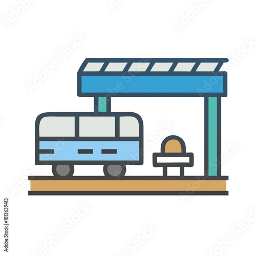 Bus station with passenger seating, flat design illustration