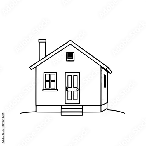 A meticulous vector rendering of a quaint small home with a traditional gable roof, a slender chimney, and a short set of front steps, all designed with bold thick outlines and a complete absence of t