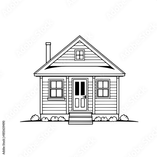 A meticulous vector rendering of a quaint small home with a traditional gable roof, a slender chimney, and a short set of front steps, all designed with bold thick outlines and a complete absence of t