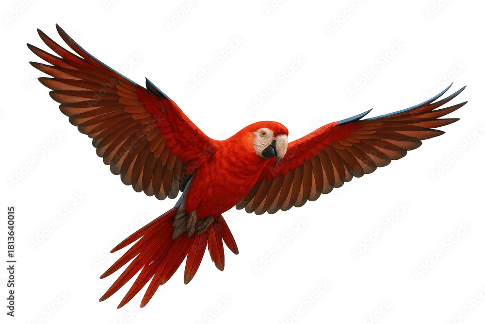 Obraz premium Scarlet macaw parrot flying with wings spread, vibrant red tropical bird, isolated element for design