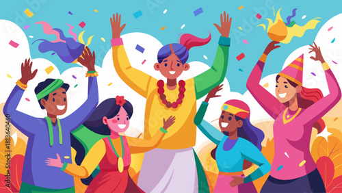 A group of people are celebrating with confetti and a woman is holding a cup. Scene is joyful and festive