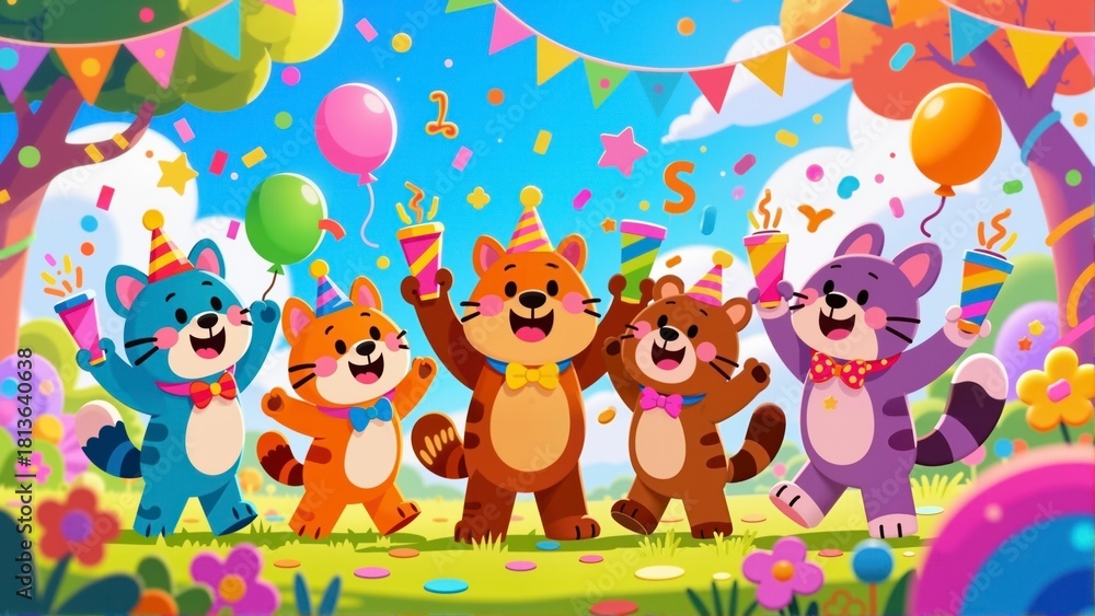 Fototapeta premium Five colorful cartoon cats wearing party hats and bow ties celebrating with balloons and confetti outdoors on a bright sunny day