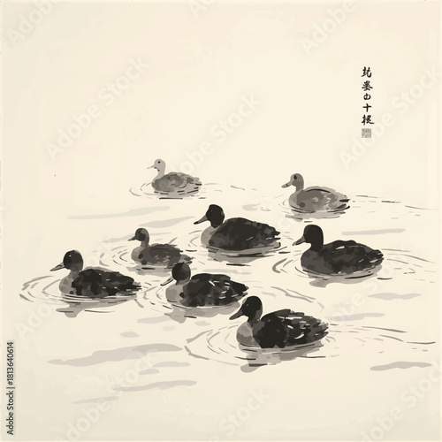 Traditional Sumi-e ink painting of a flock of ducks swimming in water, depicted in a minimalist style. Hieroglyph