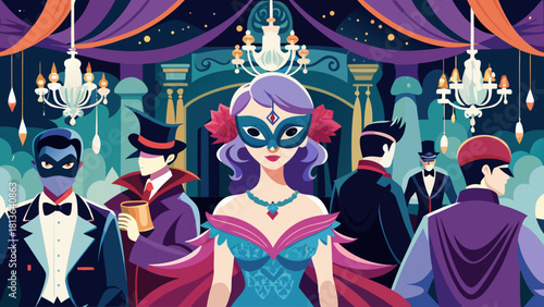 A woman in a mask is surrounded by people at a party. Scene is festive and fun