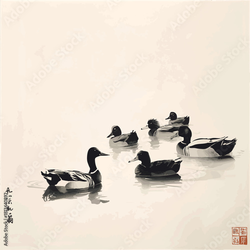 Traditional Sumi-e ink painting of a flock of ducks swimming in water, depicted in a minimalist style. Hieroglyph