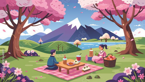 A couple is sitting on a blanket in a park with a mountain in the background. They are enjoying a picnic with drinks and food