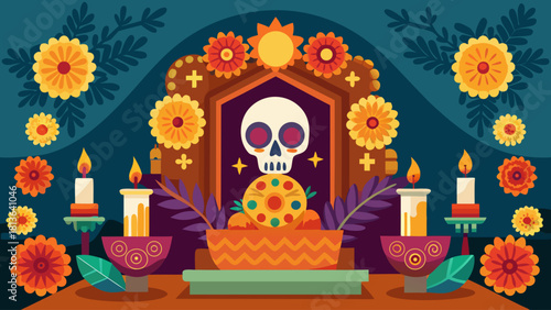A colorful and vibrant scene of a skull and flowers, with candles and a basket of fruit. Scene is celebratory and festive, likely representing a holiday or special occasion