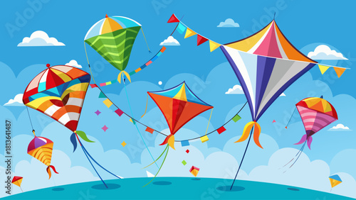 A colorful array of kites flying in the sky. The kites are of different shapes and sizes, and they are all flying in different directions. The scene is lively and fun, and it conveys a sense of joy