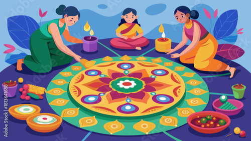 A woman is sitting on the floor with two other women. They are making a colorful design on a round surface