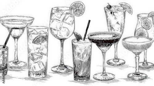 Monochrome Illustration of Various Drink Glasses Filled with Beverages on White Background with Graphic Style Rendering Showing Multiple Mixed Drinks