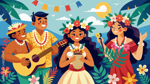 A group of people are playing music and dancing in a tropical setting. The woman in the center is holding a basket of flowers