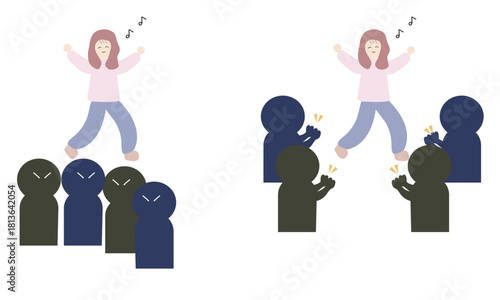 自由にふるまって嫌われる女性と自由さを受け入れてもらえる女性の対比イラスト