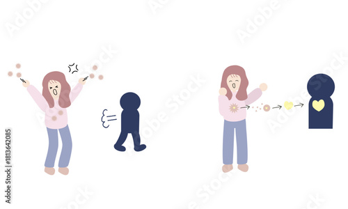 怒りをぶつける女性と気持ちを整える女性の対比イラスト