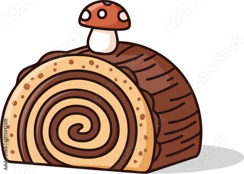 A delicious chocolate Yule log cake with a mushroom decoration on top, a sweet treat.